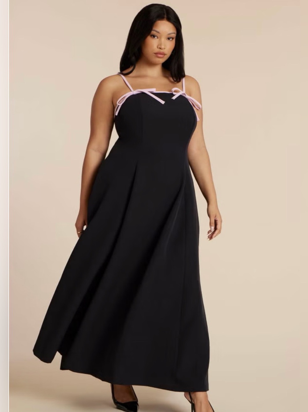 ELOQUII Black Maxi Dress with Pink Bow-Trim Straps